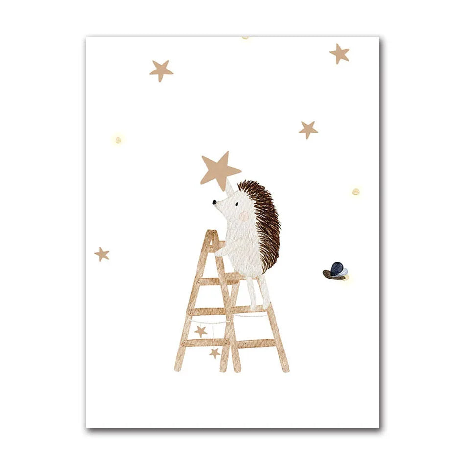 Boho baby room canvas painting featuring fox rabbit bear and bee