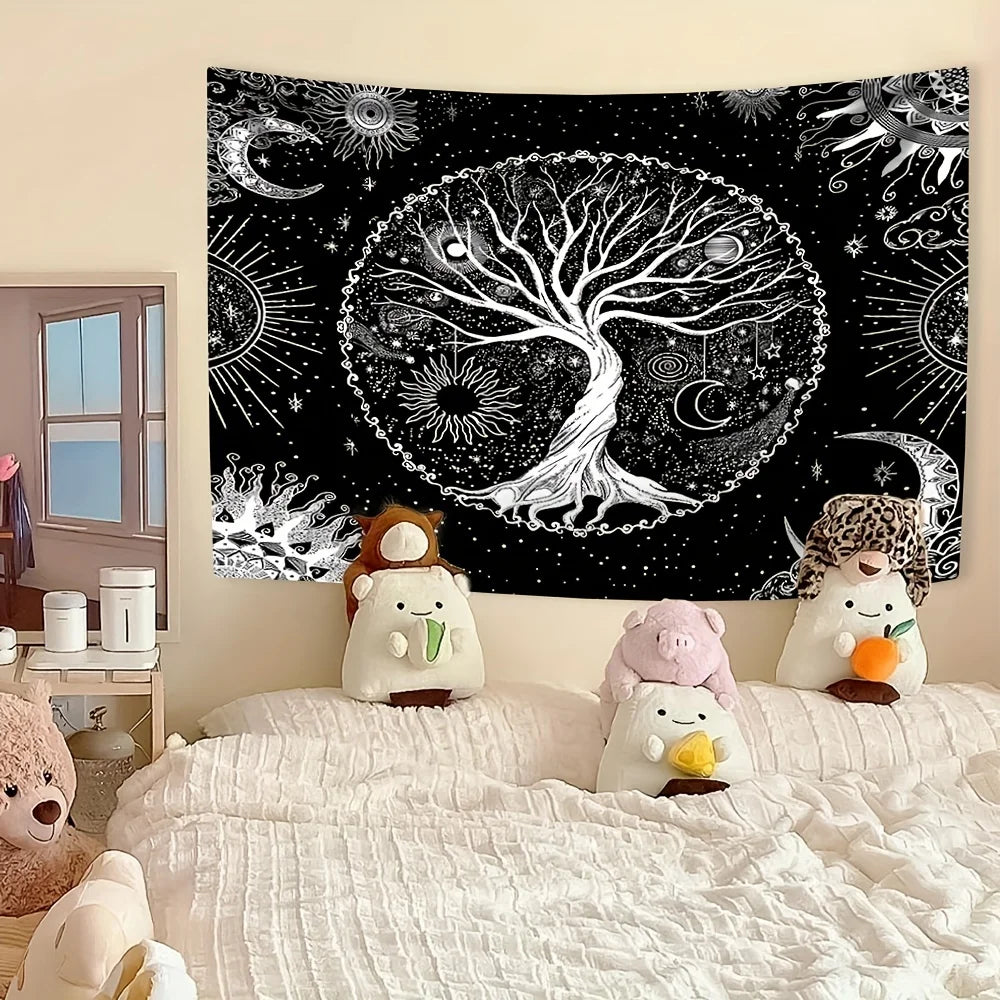 Artistic black bohemian tree of life wall hanging with celestial symbols