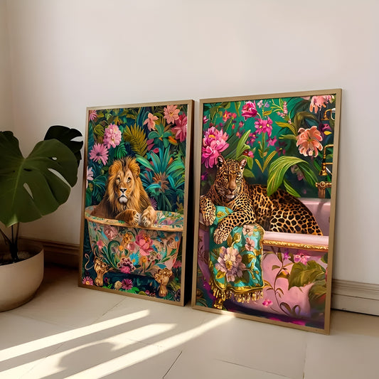 Botanical lion and leopard bathtub artwork for bathroom wall decor