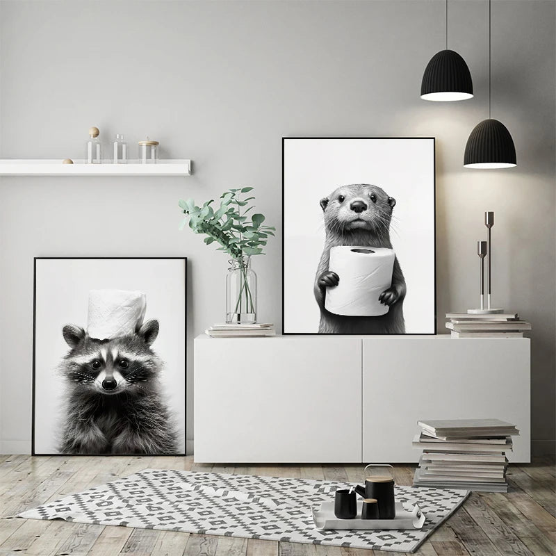 Cat and tiger with toilet paper canvas painting for bathroom wall