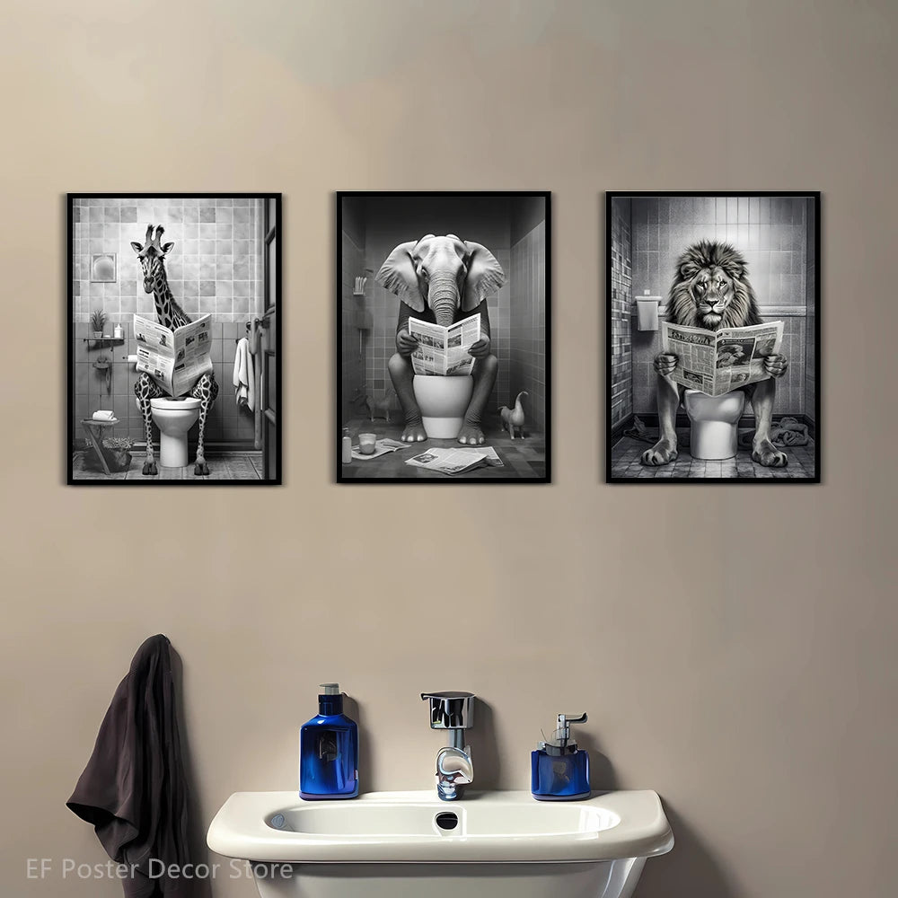 Quirky toilet humor poster with cat sitting on toilet reading paper