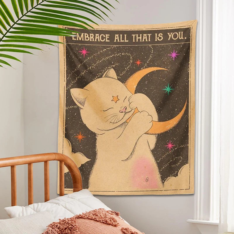 Black and white cat sun moon tapestry wall art for dorm room