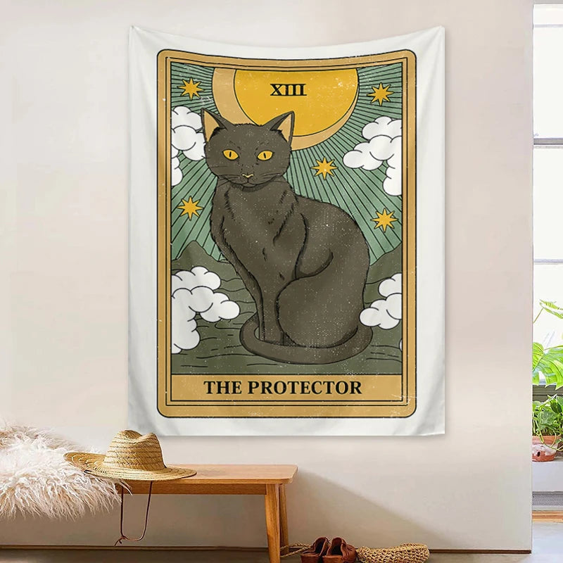 Cute tarot-inspired cat tapestry for spiritual home decor