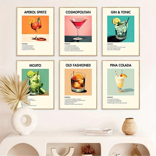 Retro cocktail bar cart wall art set of 6 minimalist drink posters