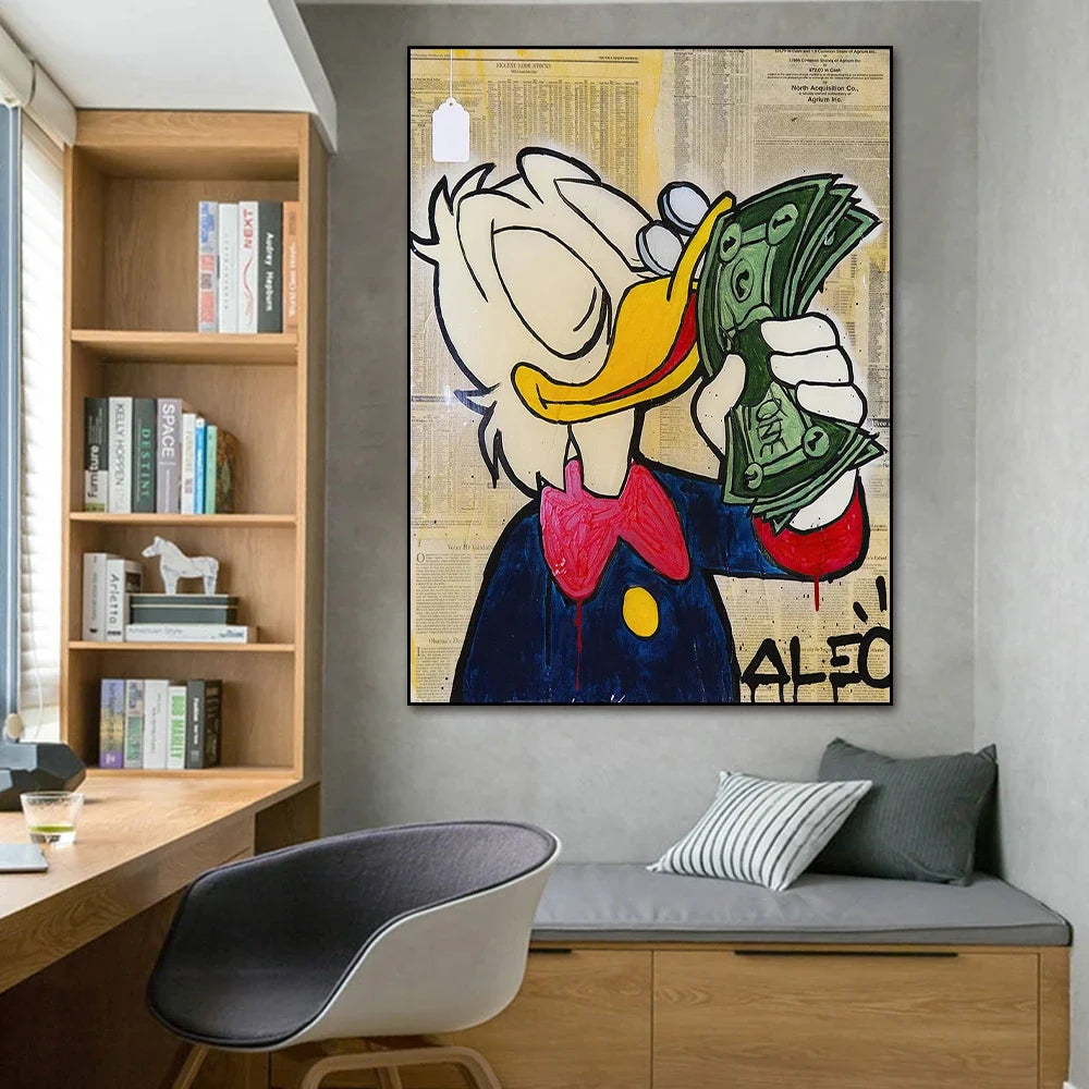 Colorful Donald Duck love money canvas print for living room wall decor