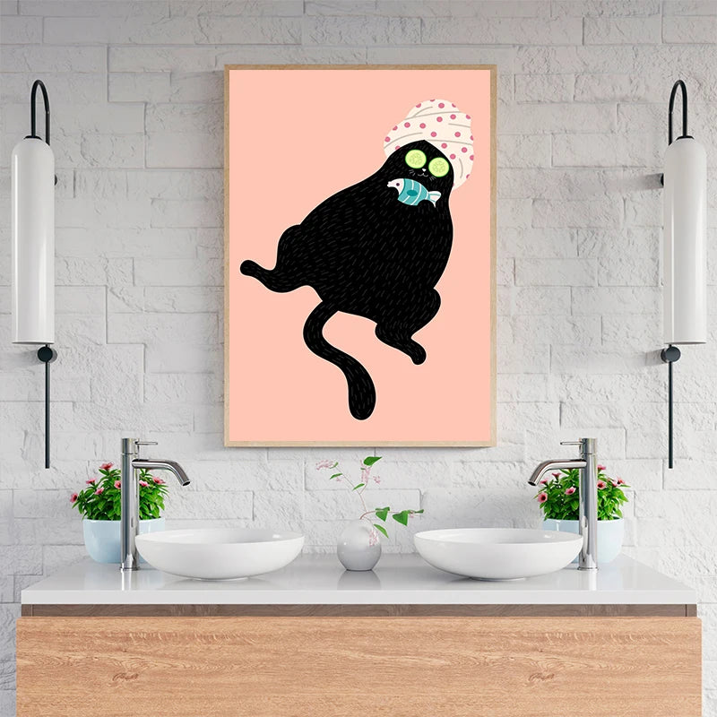 Cute cat life illustration canvas painting for pet lovers' decor