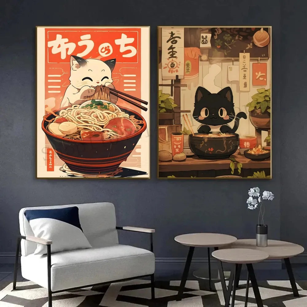 Ramen cat poster for home or restaurant with kawaii cartoon design