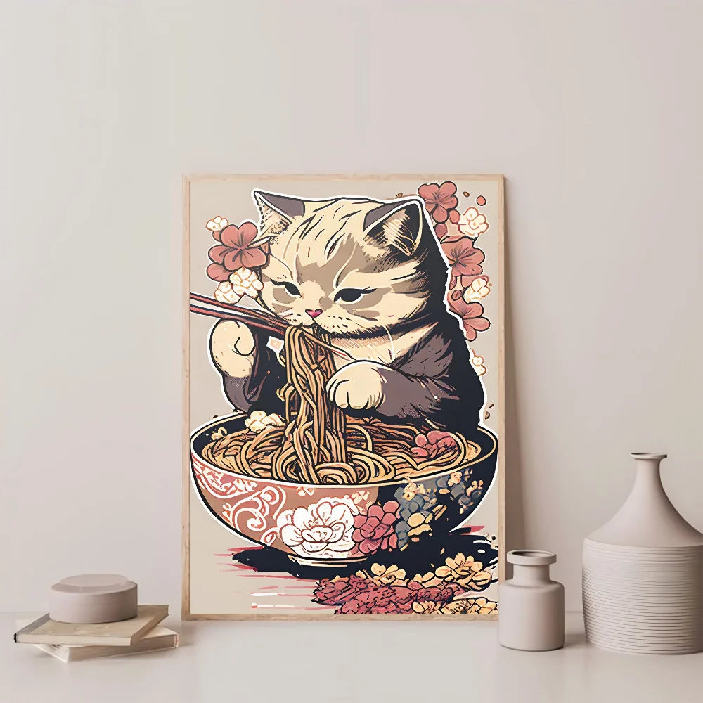 Japanese noodle bowl cat wall painting for kids room or bar