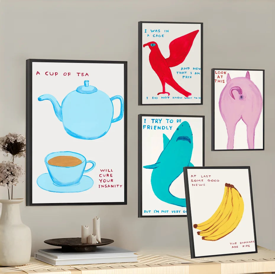 David Shrigley-inspired tea bird and pig art poster for home decor
