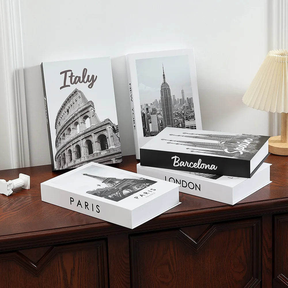 Contemporary home decor with elegant faux books on display