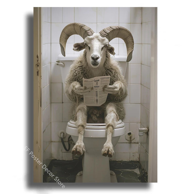 Hilarious bathroom wall print animal toilet scene vintage style