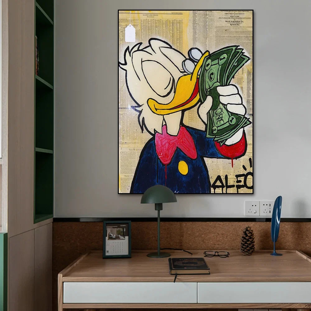 Graffiti art canvas featuring Donald Duck and love money quote for decor