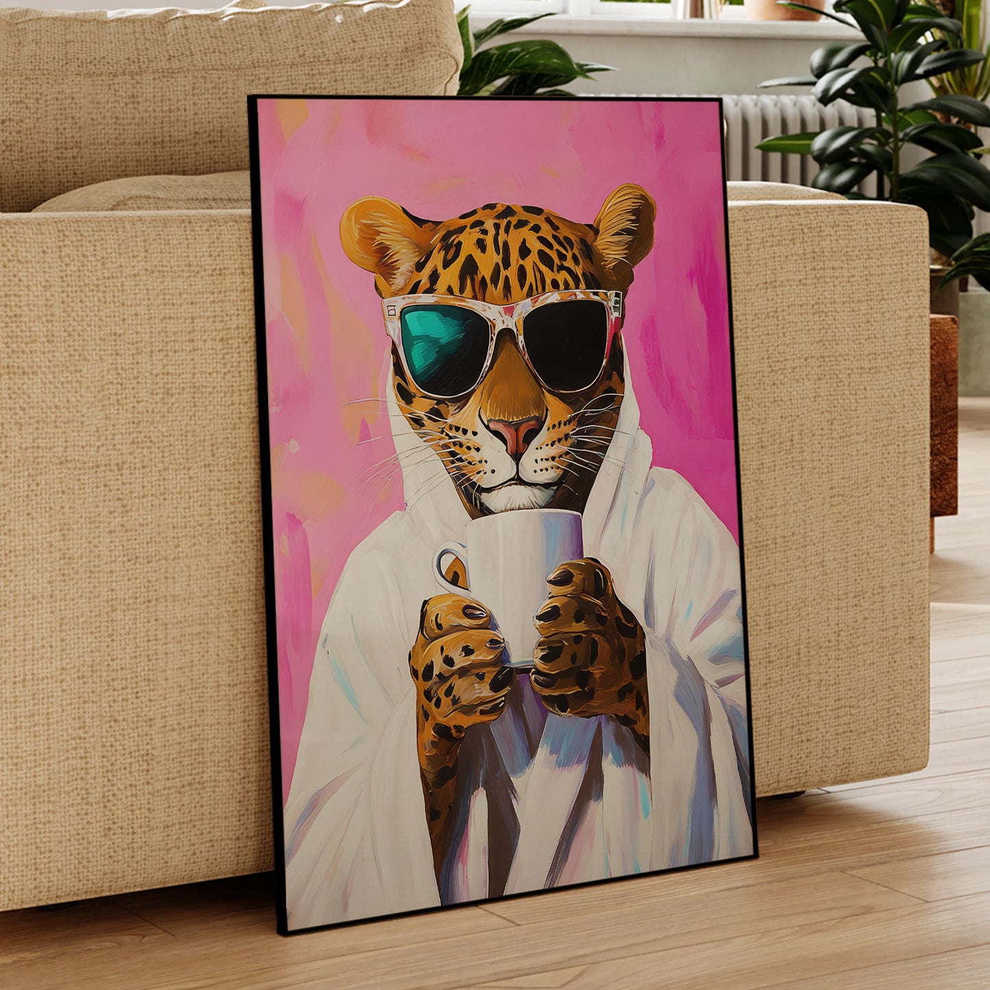 Dopamine decor canvas print featuring pink leopard and coffee theme