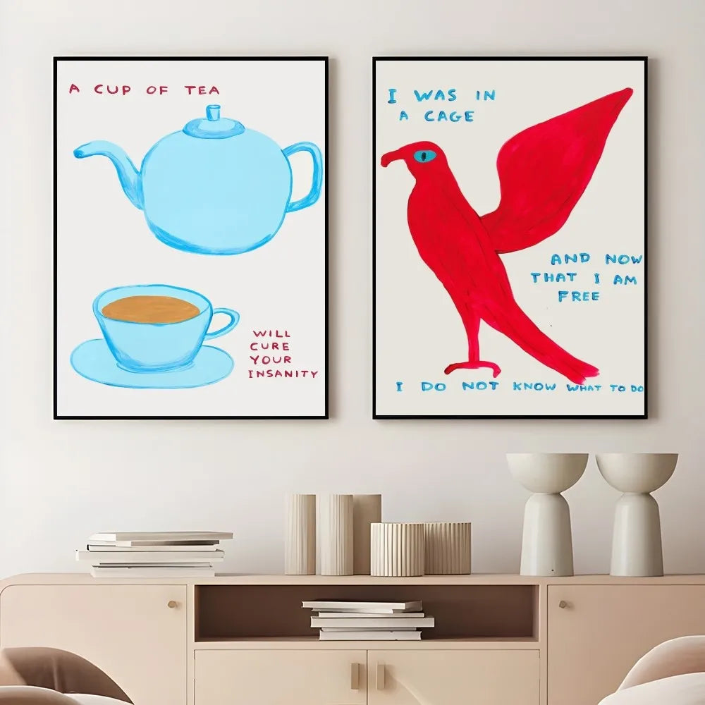 Playful tea bird and banana painting print for aesthetic wall decor