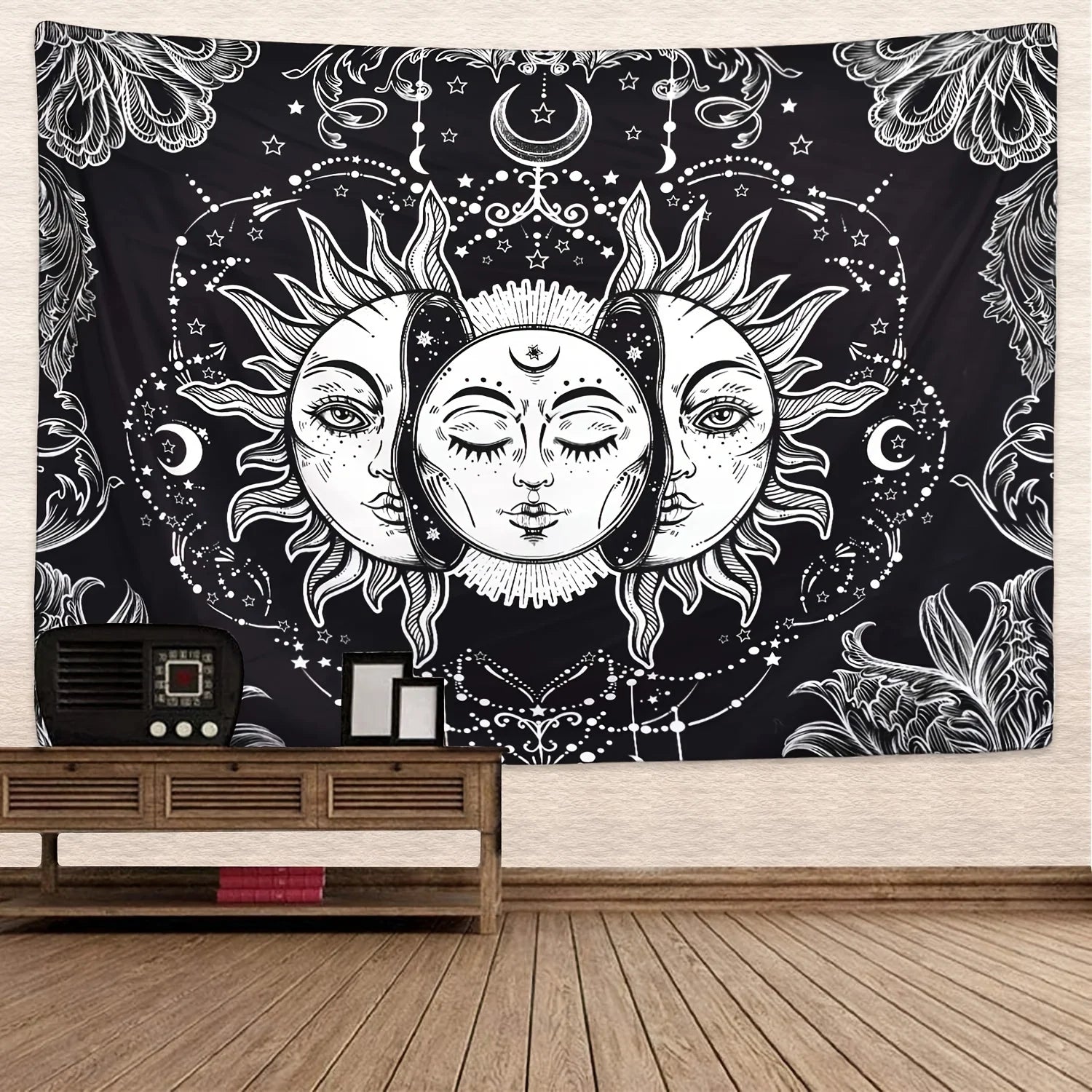 Large fantasy mandala flower tapestry with mystical eyes and sunlit background