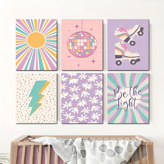Frameless preppy poster set with art deco flair, perfect for creative kids' room or trendy home decor