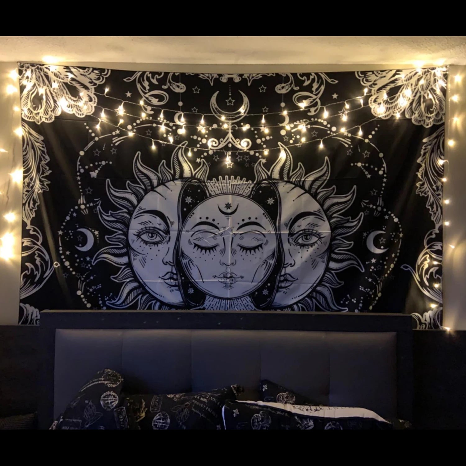 Artistic sunlit tapestry featuring fantasy flower, plants, and spiritual eyes