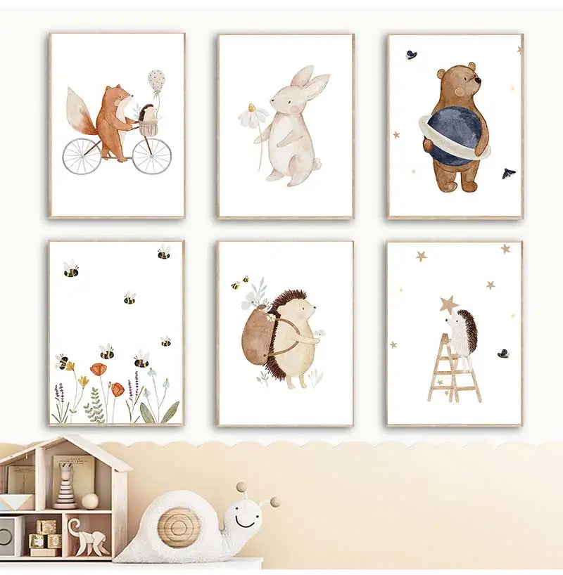 Fox and rabbit cartoon posters boho style wall photos for kids room