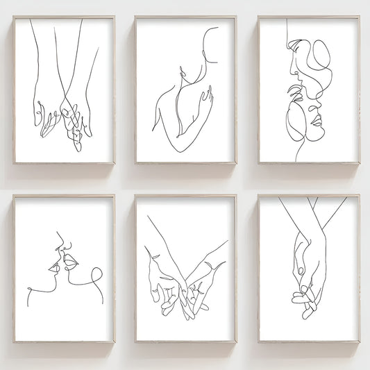 Set of six frameless modern line art posters, abstract wall art design
