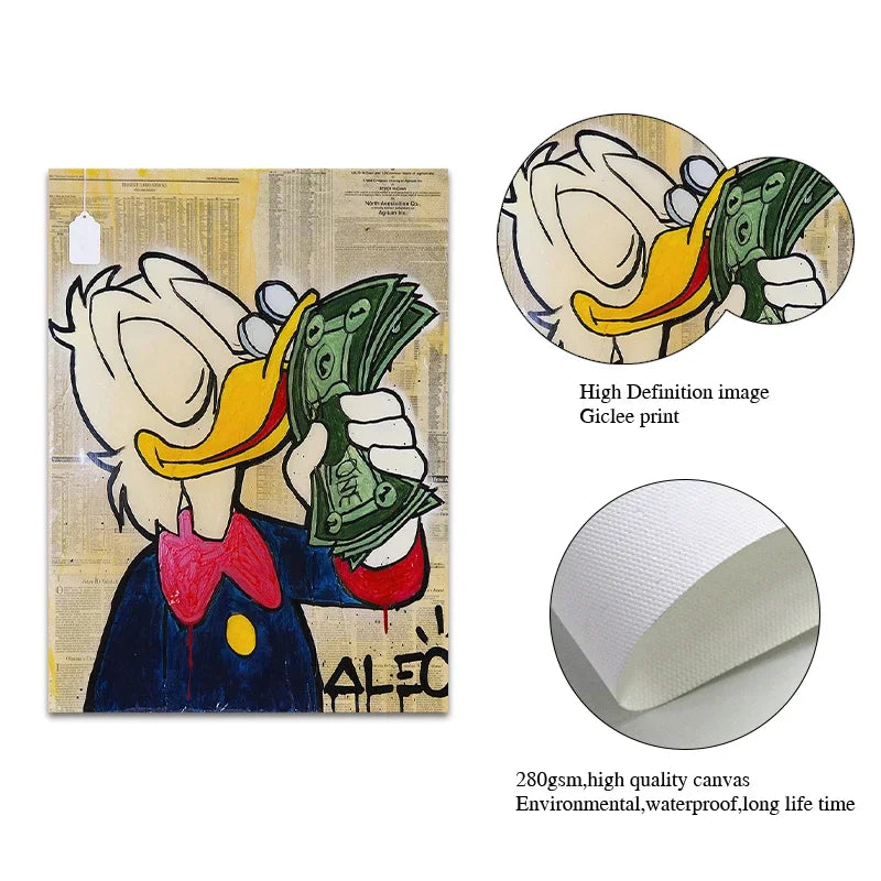 Vibrant Donald Duck love money street art poster for unique room aesthetic