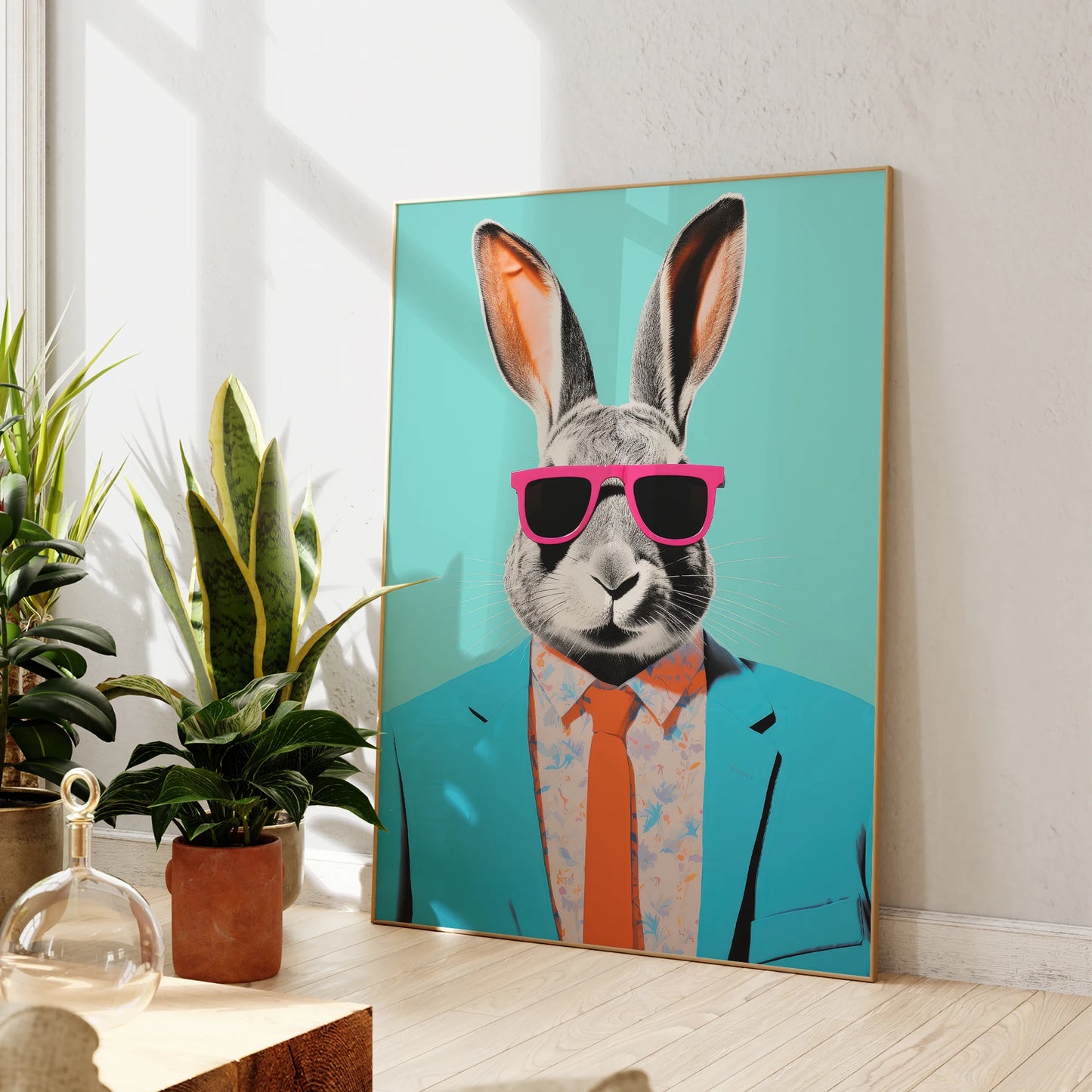 Stylish bunny wearing sunglasses poster for living room decor