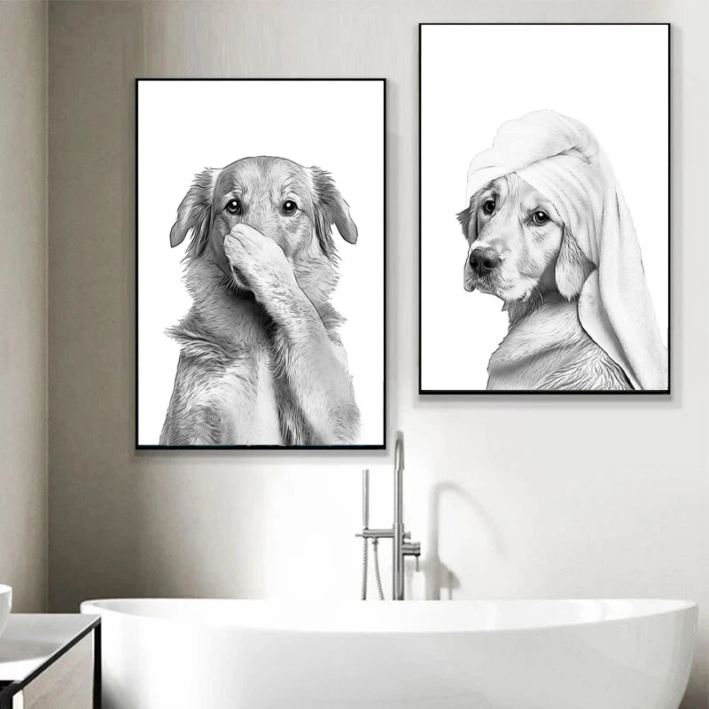 Funny animal art for bathroom wall featuring a giraffe, dog, and elephant.
