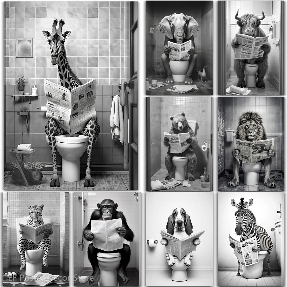 Funny animal wall art of dog reading newspaper on toilet for bathroom decor