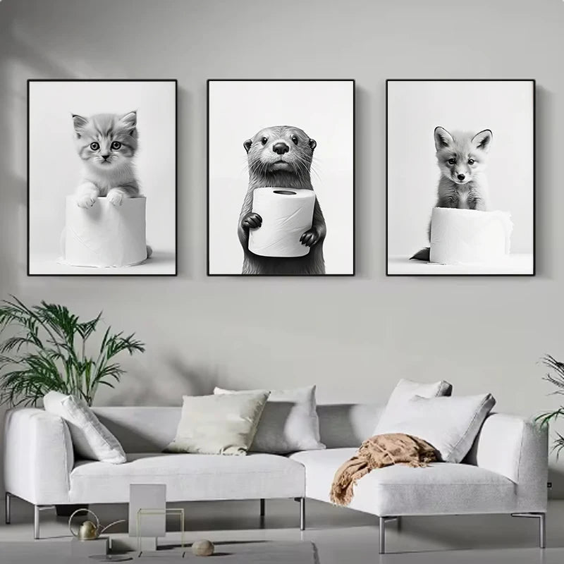 Funny canvas poster of animals using toilet paper for bathroom decor
