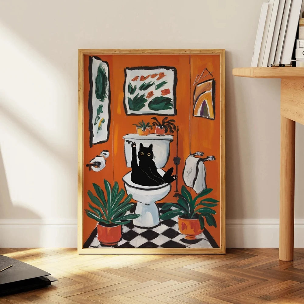 Cat reading newspaper on toilet humorous canvas wall art