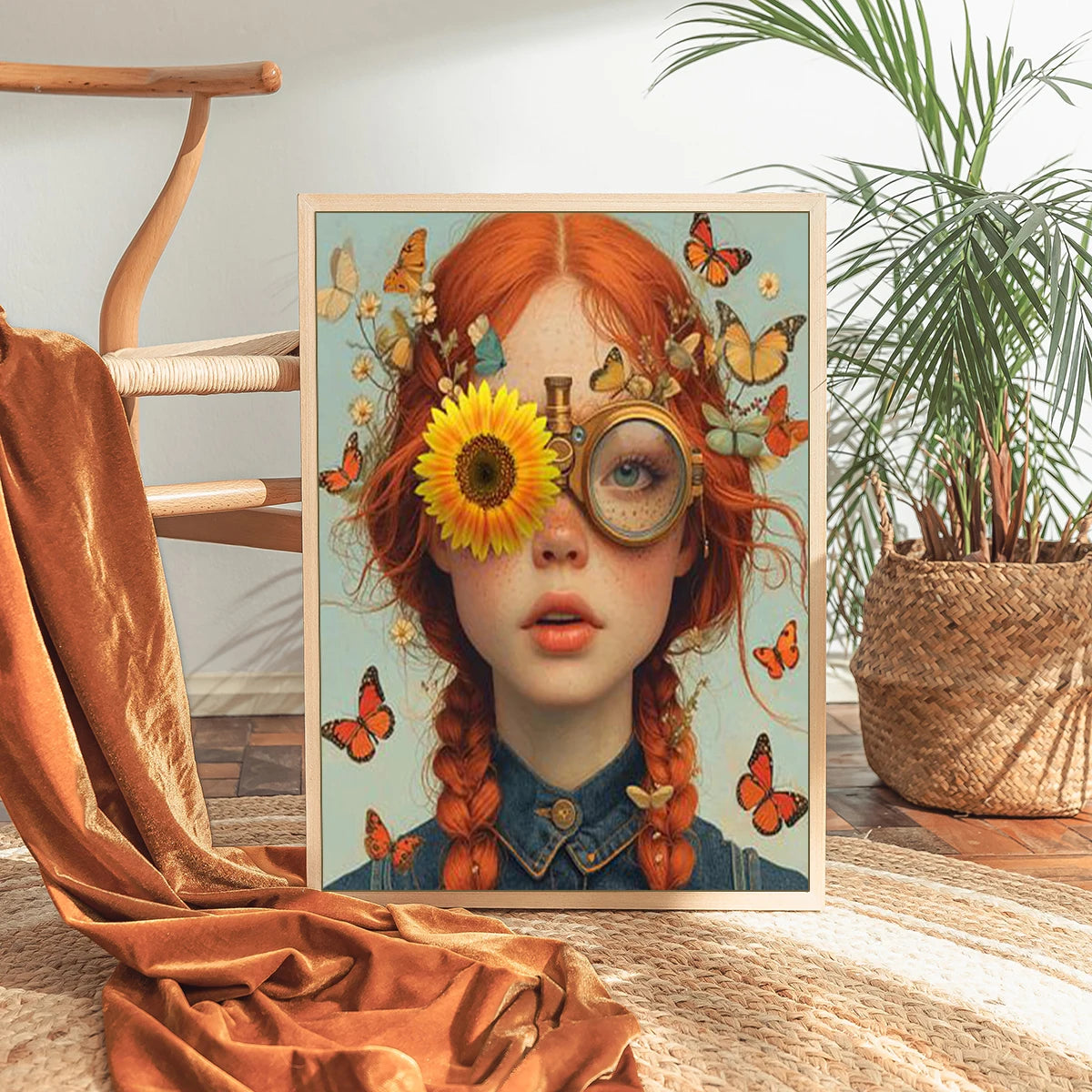 Girl portrait with flowers and butterfly in Nordic boho style