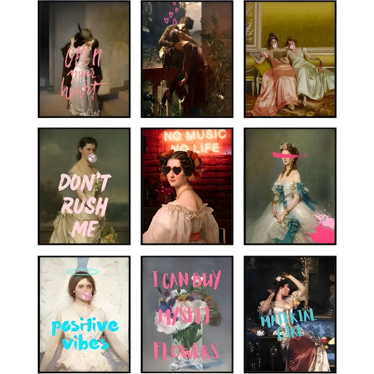 Frameless vintage art posters with altered eclectic artwork