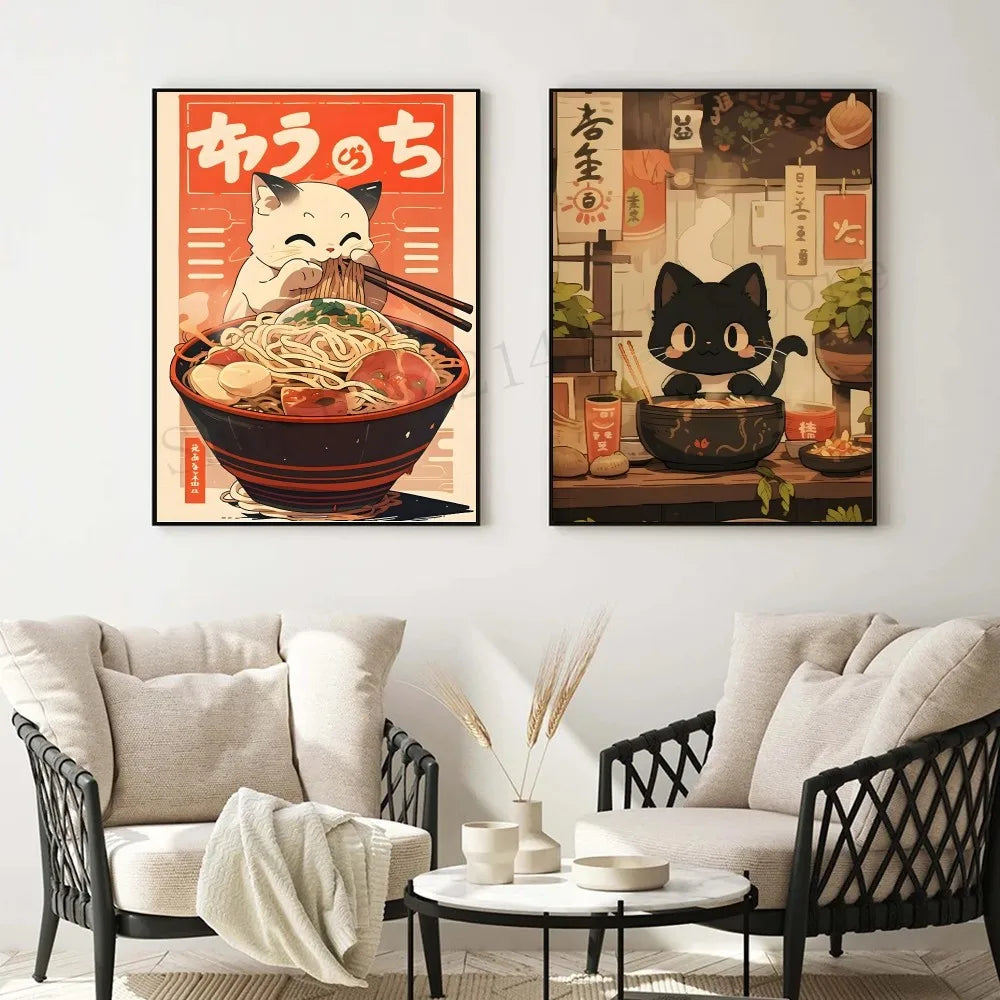 Japanese kawaii cat artwork with ramen bowl for dining space
