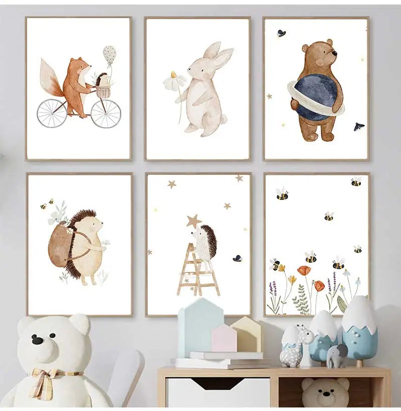 Boho hedgehog flower posters and prints for children's room decor