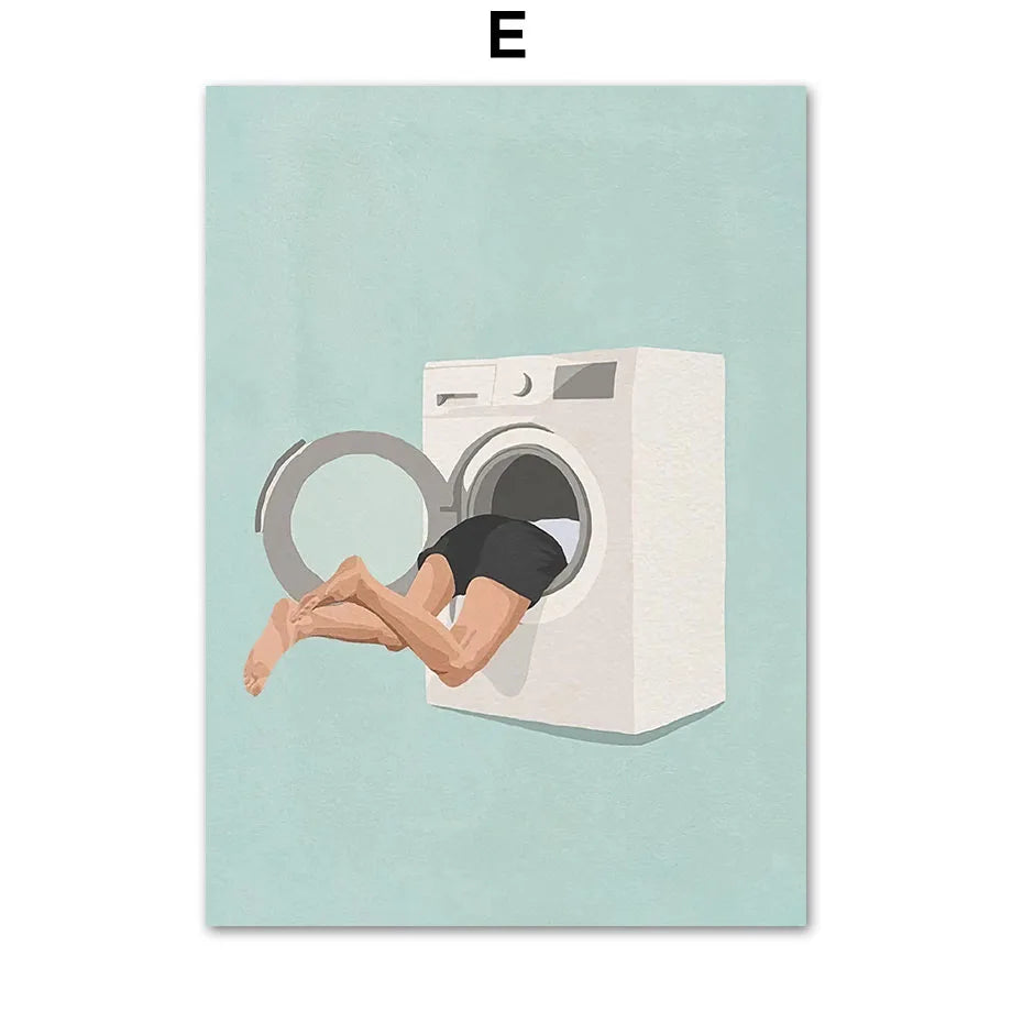 Home decor print featuring laundry girl and bathtub design