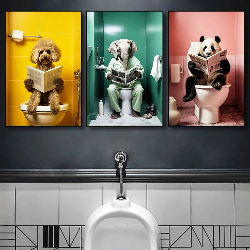 Humorous animal posters chimpanzee elephant panda print for toilet wall decoration