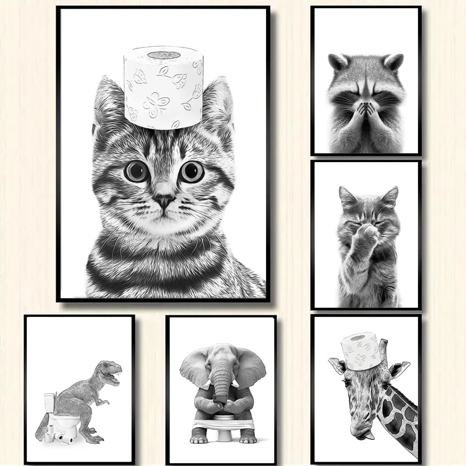 Humorous bathroom decor with a cat giraffe dog and elephant design.