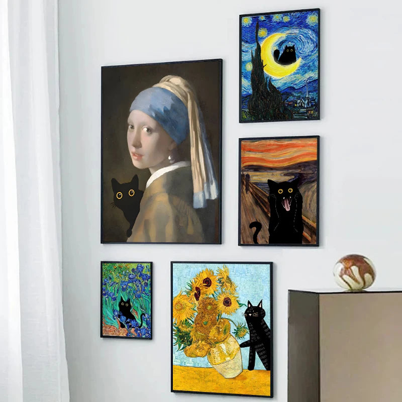 Black cat humorous art canvas with sunflowers in Van Gogh style and Matisse Monet influences