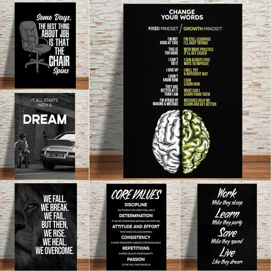 Motivational "It All Starts With a Dream" Time is Money poster for home office decor.