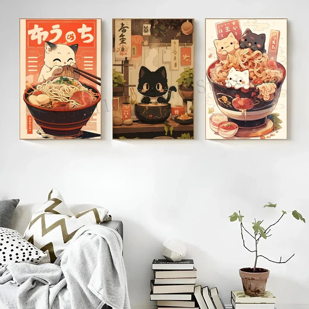 Cute animal eating ramen wall art print in Japanese style