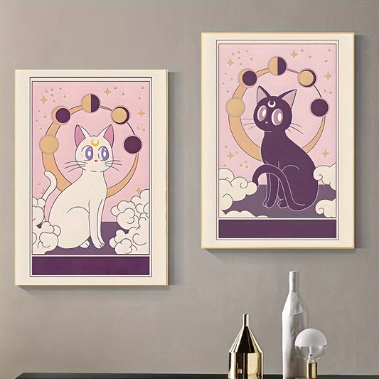 Japanese anime white cat poster cute black cat wall art for bedroom decor