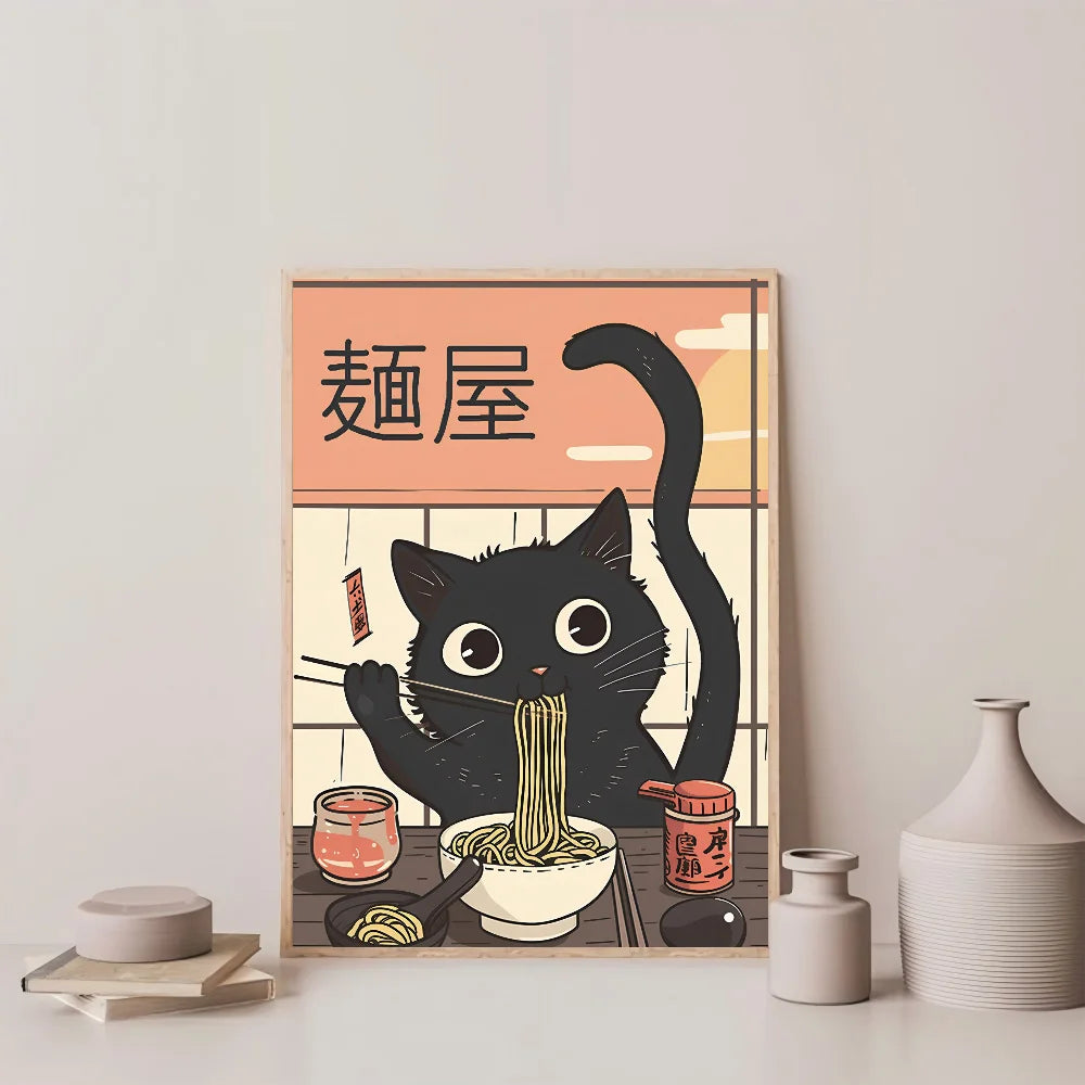 Kawaii food theme poster with cat for Japanese decor lovers