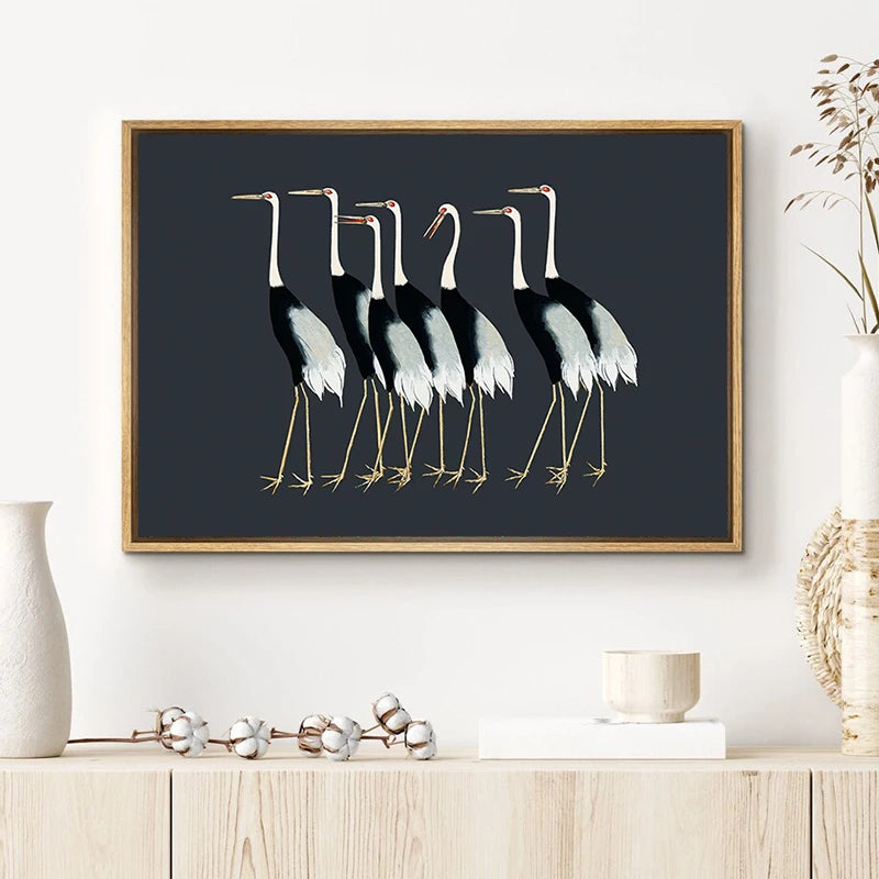 Blue heron and red crane wall art for Nordic interiors