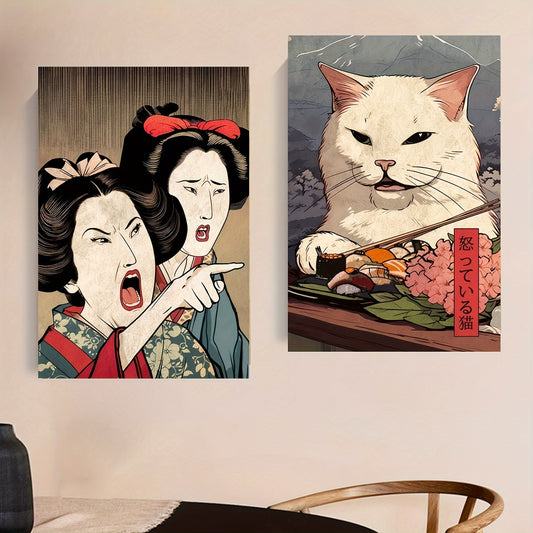 Japanese style abstract canvas paintings set of 2 featuring women and cats