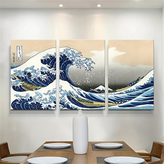 Three-piece Kanagawa Wave canvas art set featuring The Great Wave off Kanagawa