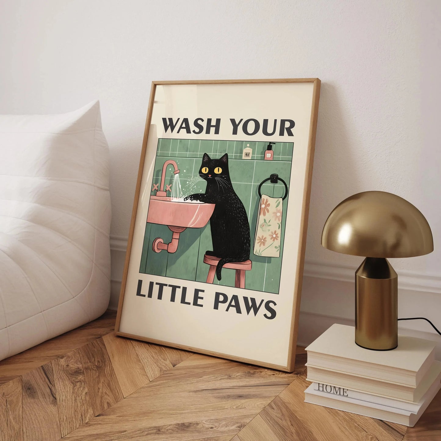 Kawaii cat washing paws poster for kids’ room and modern home decor