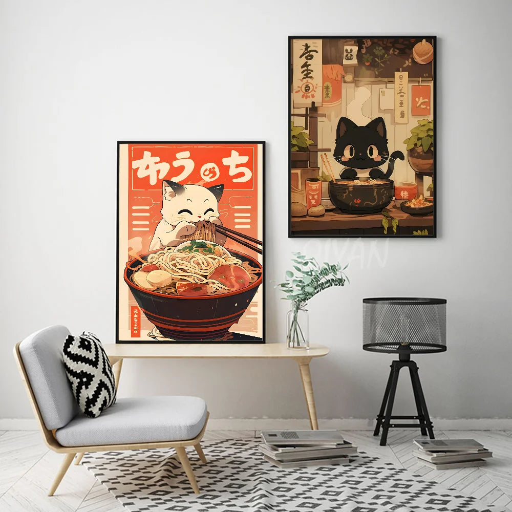 HD printed ramen cat art poster for cozy kitchen decoration