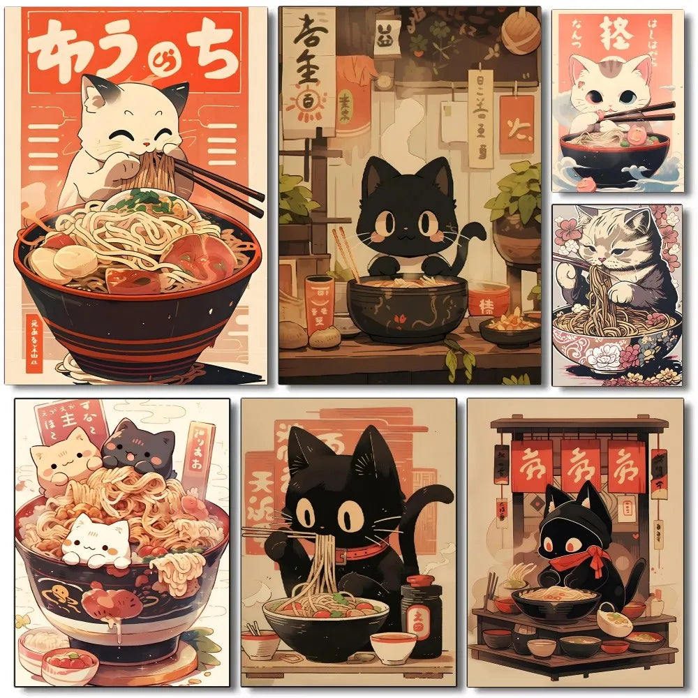 Kawaii Japanese ramen cat poster for kitchen or cafe wall decor
