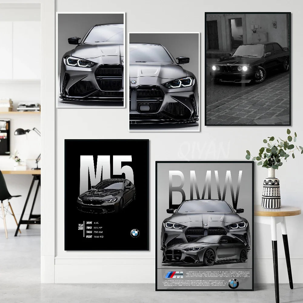 BMW M3 M4 M5 sports car poster for entrance, bar, and cafe decor