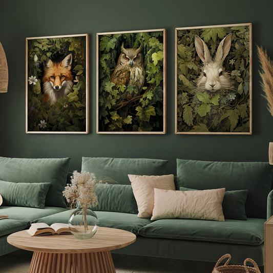 Magical forest canvas poster set of 3 woodland animal wall art