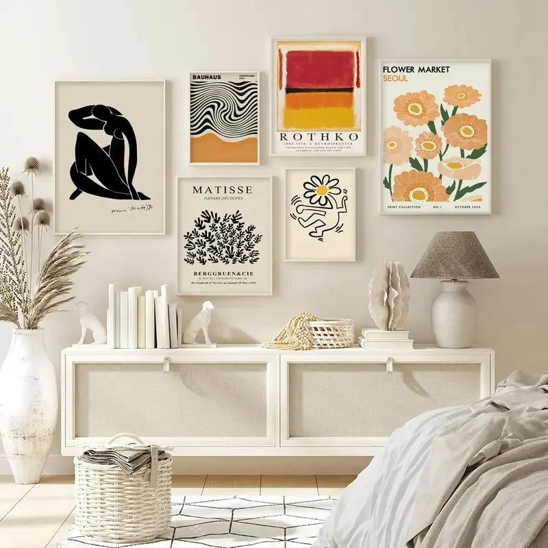 Flower market canvas painting mural with vibrant orange tones for home decor